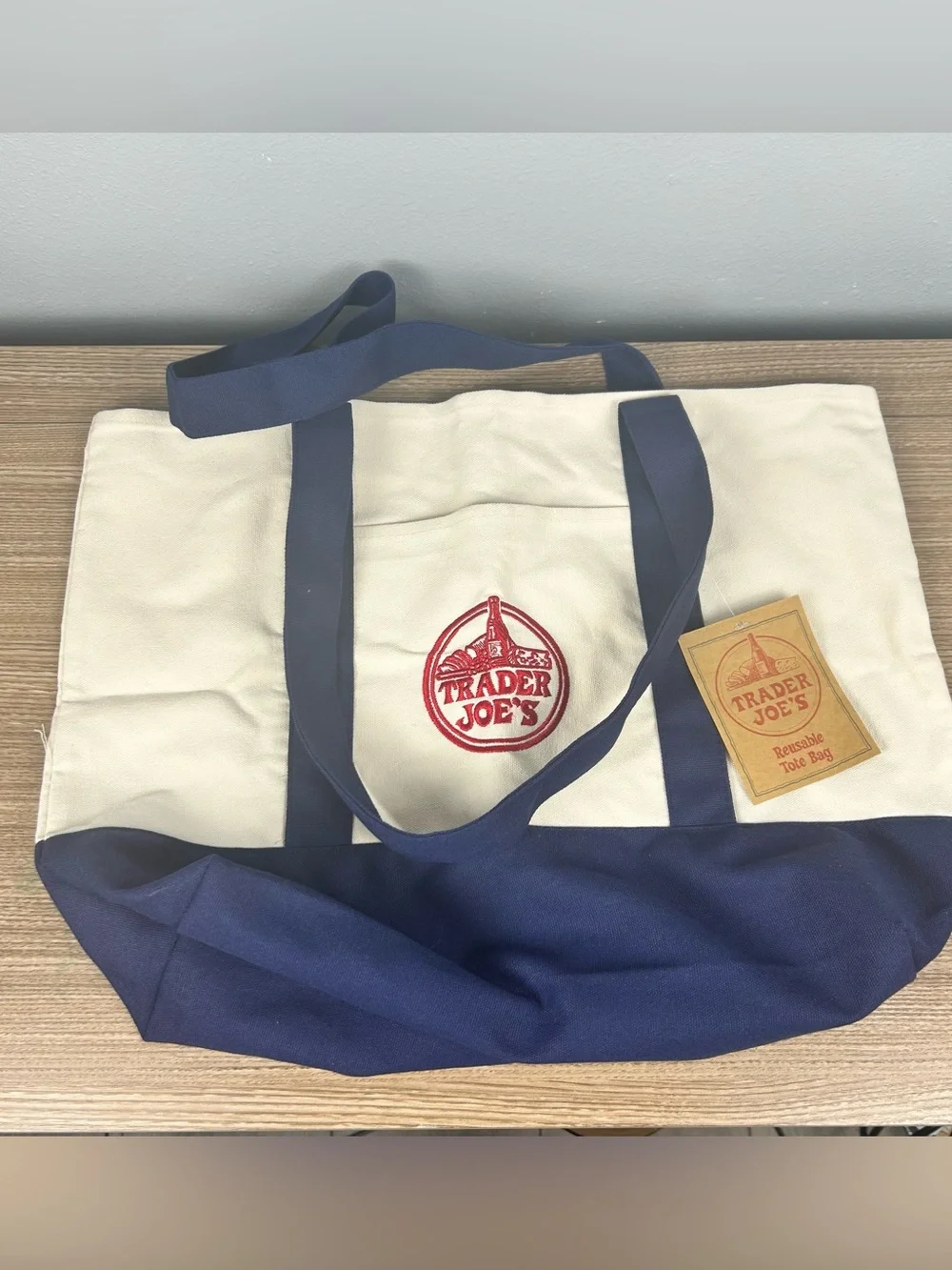 Viral Trader Joe's Large Canvas Tote Bag NAVY RARE LIMITED - Picture 3 of 3